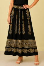Falda larga bordada negro dorado estilo boho chic La Gata Voladora Alpujarra Almeria