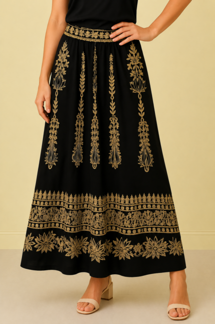 Falda larga bordada negro dorado estilo boho chic La Gata Voladora Alpujarra Almeria