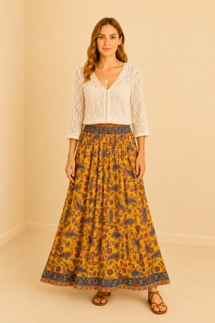 falda seda boho amarilla estampado paisley La Gata Voladora Alpujarra Almeria