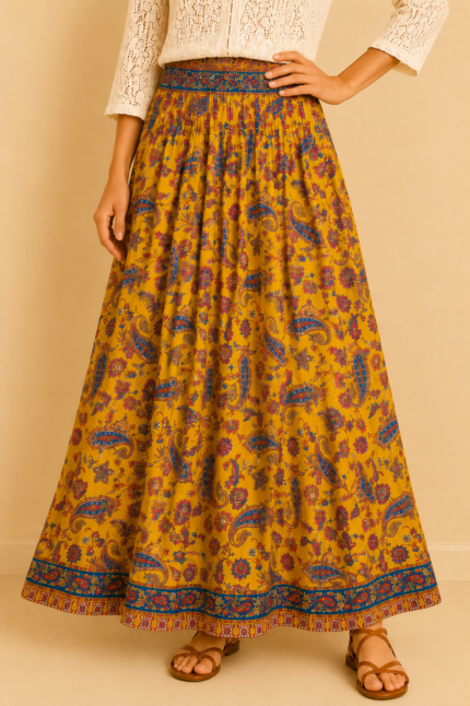 falda larga seda amarilla estilo bohemio floral La Gata Voladora Alpujarra Almeria