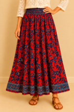 falda larga seda roja estilo bohemio estampado floral La Gata Voladora Alpujarra Almeria