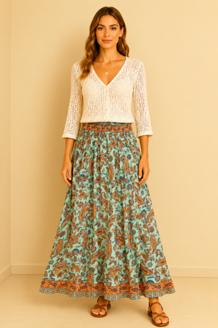 falda seda boho turquesa estampado paisley La Gata Voladora Alpujarra Almeria