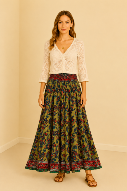 falda seda boho verde estampado paisley La Gata Voladora Alpujarra Almeria