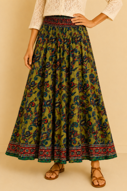 falda larga seda verde estilo bohemio floral La Gata Voladora Alpujarra Almeria