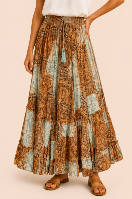 falda seda demeter gold beige estampado boho mujer La Gata Voladora Alpujarra Almeria