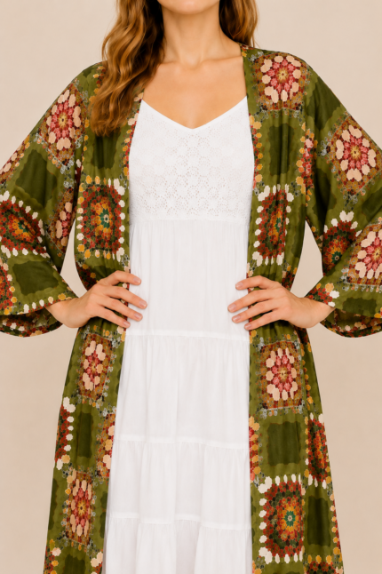 kimono estampado patchwork boho chic verde La Gata Voladora Alpujarra Almeria