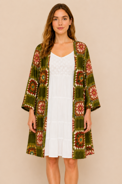 kimono estampado patchwork boho chic verde La Gata Voladora Alpujarra Almeria