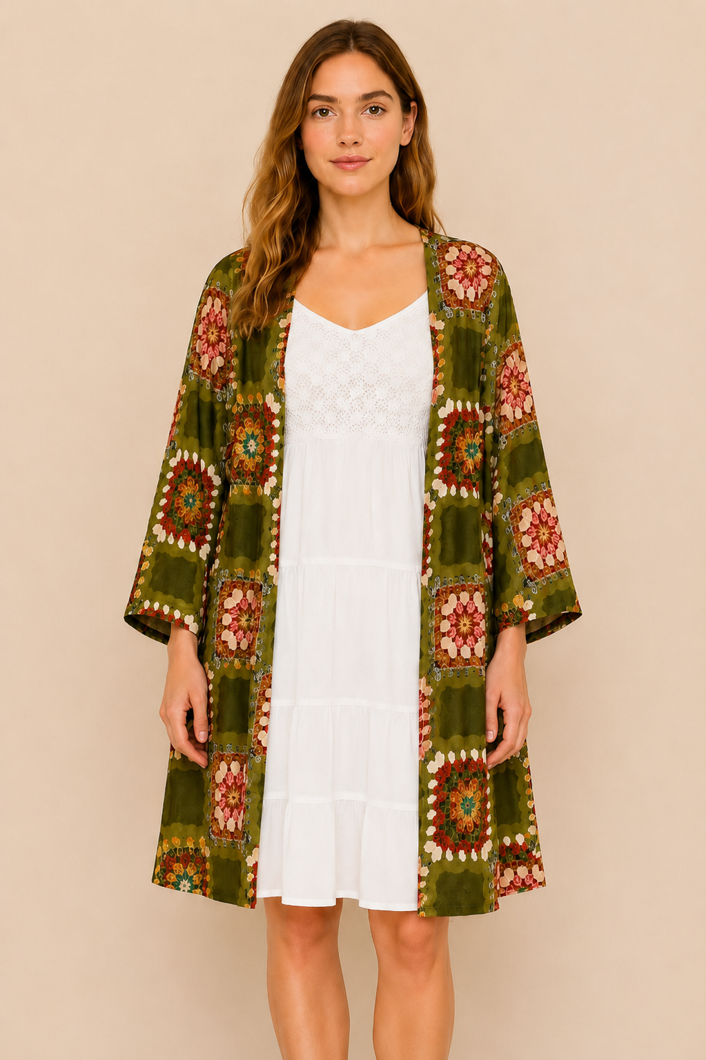Kimono-Estampado-Patchwork-Verde (2) kimono estampado patchwork boho chic verde La Gata Voladora Alpujarra Almeria
