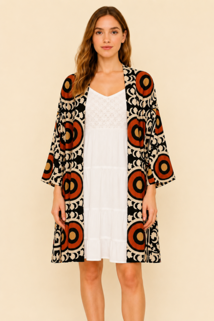 kimono estampado vintage negro boho La Gata Voladora Alpujarra Almeria