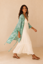 Kimono Seda Mallorca turquesa estampado estilo boho La Gata Voladora Alpujarra Almeria