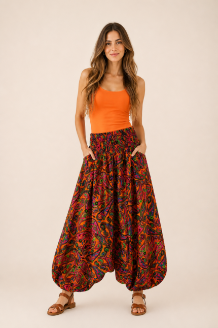 pantalon bombacho india algodon naranja estampado boho La