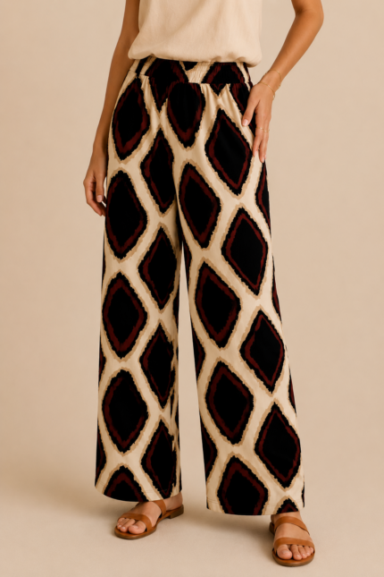 pantalon estampado vintage marron palazzo mujer fondo beige La Gata Voladora Alpujarra Almeria