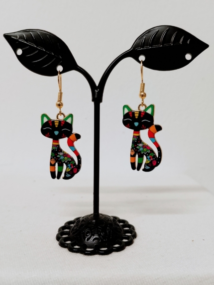 Pendientes Gato Michi negro boho acero hipoalergenico La Gata Voladora Alpujarra Almeria