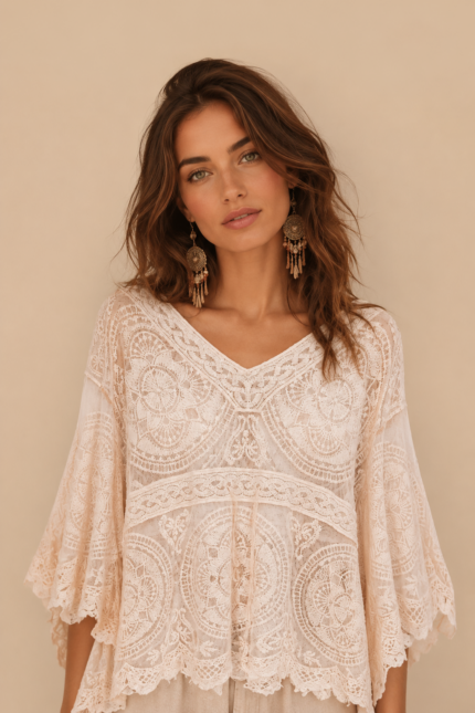 poncho encaje beige boho chic manga amplia La Gata Voladora Alpujarra Almeria