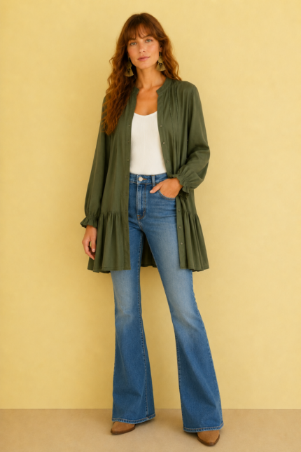 Vestido camisero verde Amelie manga larga boho chic La Gata Voladora Alpujarra Almeria