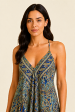 vestido boho chic azul seda maya estampado paisley La Gata Voladora Alpujarra Almeria
