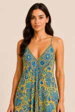 vestido boho chic celeste seda maya estampado paisley La Gata Voladora Alpujarra Almeria