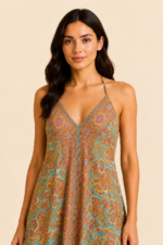 vestido boho chic turquesa seda maya estampado paisley La Gata Voladora Alpujarra Almeria