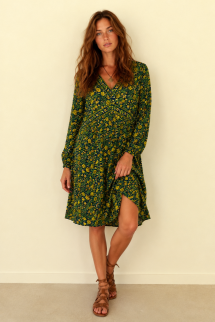 Vestido Floral Boho Coline verde manga larga La Gata Voladora Alpujarra Almeria