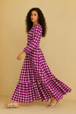 Vestido largo lunares malva manga larga estilo flamenco La Gata Voladora Alpujarra Almeria