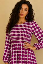 Vestido Manga Larga Luna malva estampado lunares La Gata Voladora Alpujarra Almeria