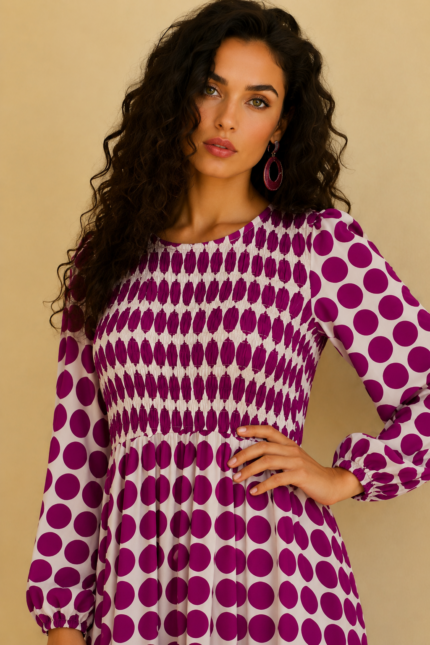 Vestido Manga Larga Luna malva estampado lunares La Gata Voladora Alpujarra Almeria
