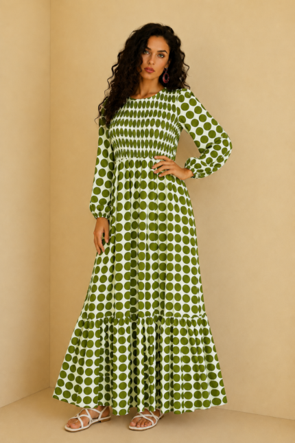 Vestido Manga Larga Luna color verde lunares boho chic La Gata Voladora Alpujarra Almeria