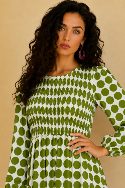 Vestido Manga Larga Luna verde estampado lunares La Gata Voladora Alpujarra Almeria