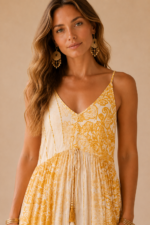 vestido algodon venus beige estampado boho chic verano La Gata Voladora Alpujarra Almeria