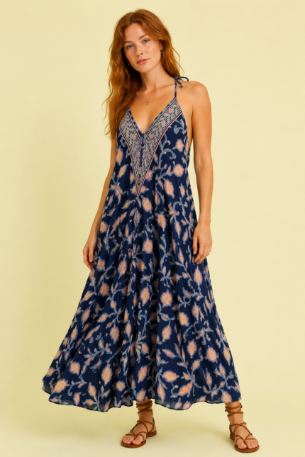 Vestido seda azul estampado boho chic La Gata Voladora Alpujarra Almeria