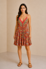 vestido seda ibicenco mujer estampado tirantes finos look verano boho La Gata Voladora Alpujarra Almería