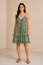 vestido seda ibicenco mujer estampado tirantes finos look verano boho La Gata Voladora Alpujarra Almería