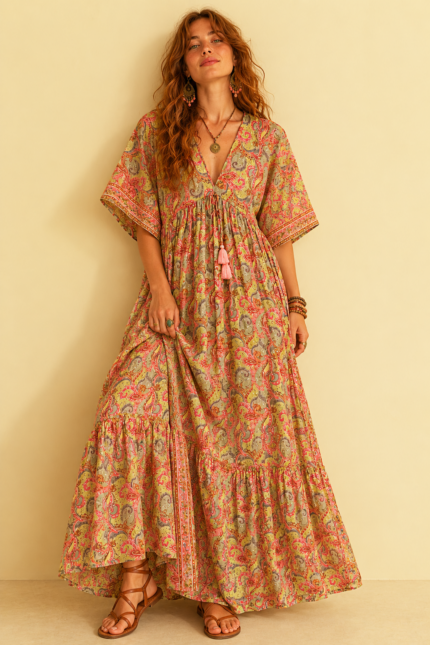 vestido seda nefertiti gold pistacho oversize boho chic la gata voladora alpujarra almeria