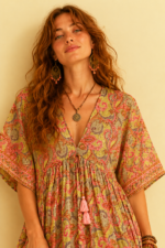 vestido boho chic pistacho seda oversize nefertiti gold la gata voladora alpujarra almeria
