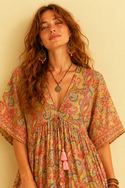 vestido boho chic pistacho seda oversize nefertiti gold la gata voladora alpujarra almeria