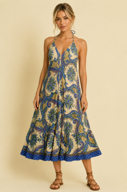 Vestido Seda azul estampado boho chic La Gata Voladora Alpujarra Almeria