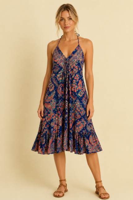 Vestido Seda azul marino estampado boho chic La Gata Voladora Alpujarra Almeria