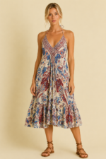 Vestido Seda burdeos estampado boho chic La Gata Voladora Alpujarra Almeria