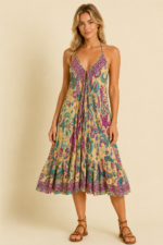 Vestido Seda fucsia estampado boho chic La Gata Voladora Alpujarra Almeria