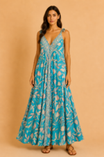 Vestido de seda Oshun Gold con escote ajustable estilo boho chic La Gata Voladora La Alpujarra