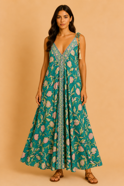 Vestido de seda Oshun Gold con escote ajustable estilo boho chic La Gata Voladora La Alpujarra