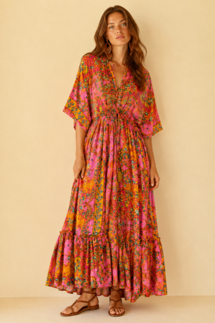 vestido seda nefertiti rosa boho chic oversize La Gata Voladora Alpujarra Almeria