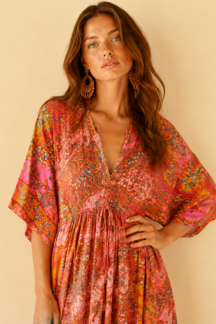 vestido seda oversize rosa estampado boho chic La Gata Voladora Alpujarra Almeria