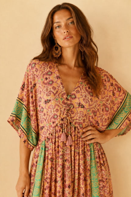 vestido seda oversize salmon estampado boho chic La Gata Voladora Alpujarra Almeria