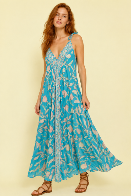 Vestido seda turquesa estampado boho chic La Gata Voladora Alpujarra Almeria