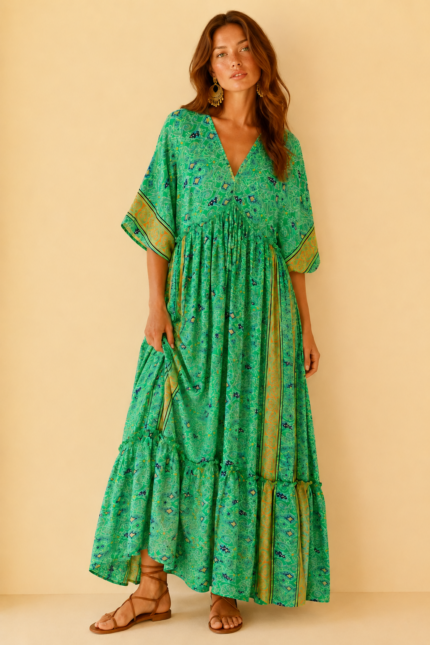 vestido seda nefertiti verde boho chic oversize La Gata Voladora Alpujarra Almeria