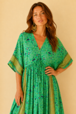 vestido seda oversize verde estampado boho chic La Gata Voladora Alpujarra Almeria