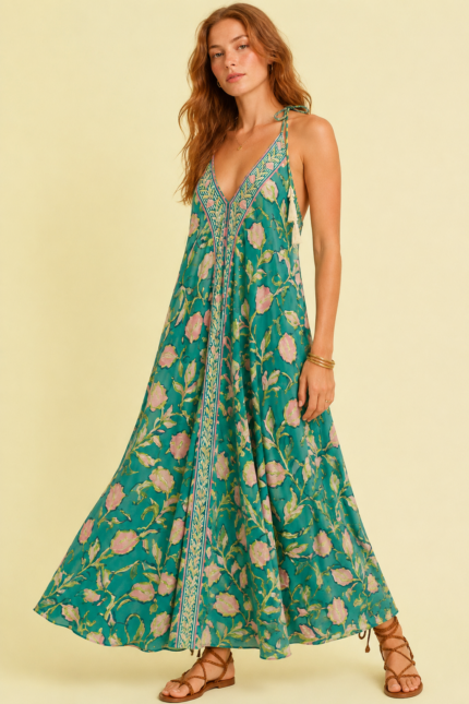 Vestido seda verde estampado boho chic La Gata Voladora Alpujarra Almeria