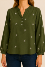 Blusa Bordada Olivia verde algodon boho chic bordados florales La Gata Voladora Alpujarra Almeria