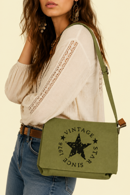 Bandolera tela vintage star verde caqui La Gata Voladora Alpujarra Almeria